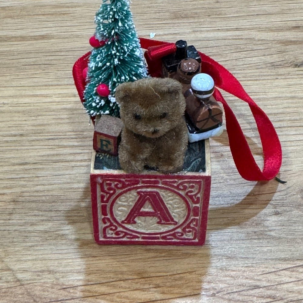 Vintage Style Christmas Ornament Teddy Bear Train Santa Alphabet Block Miniature